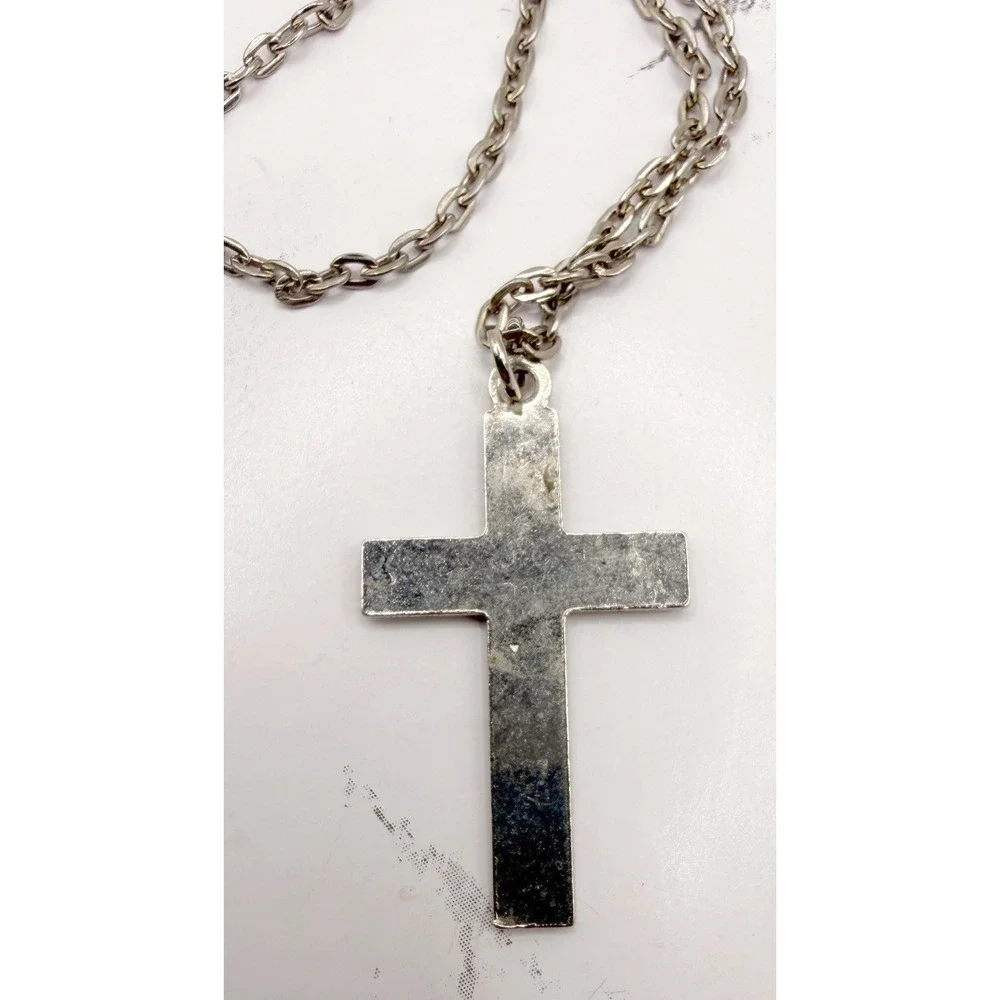 Silver Tone Engraved Christian Cross Pendant Necklace 20